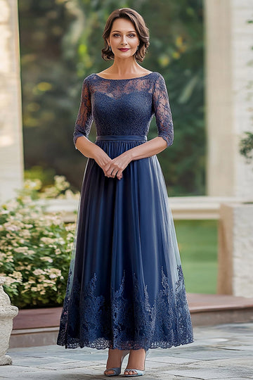 Elegant Navy Blonder A Line Baby Of The Bride Kjole med 3/4 ermer